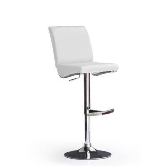 An Image of Diaz White Bar Stool In Faux Leather With Round Chrome Base