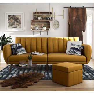 An Image of Brittany Linen Sofa Bed In Mustard With Wooden Legs