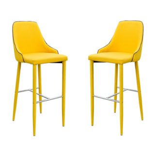 An Image of Duncan Yellow Fabric Bar Stool In Pair
