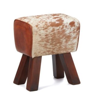 An Image of Hurst Stool In Cream And Brown Leather With Solid Wooden Legs
