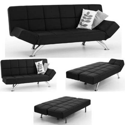 An Image of Venice Sofa Bed Faux Leather In Black With Chrome Legs