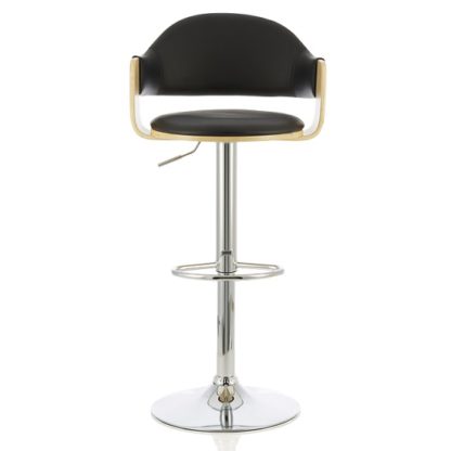 1394aea31aa4907fafd1df49d6d7f9b57498da3c1c2888bc71671bdc9b46ae0a.jpg An Image of Emden Bar Stool In Oak And Black PU With Chrome Base
