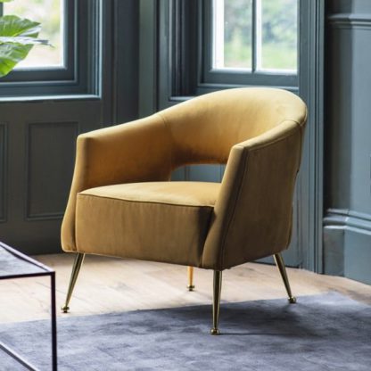 An Image of Gerania Velvel Arm Chair In Gold Finish With Metal Legs