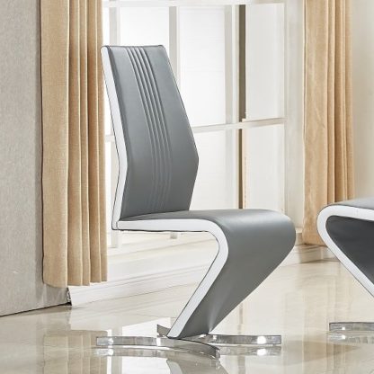An Image of Gia Dining Chair In Grey And White Faux Leather With Chrome Base