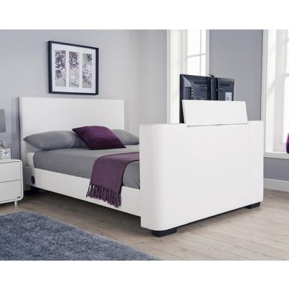 14c46c35a0e33129ee9192b5c5fcf0ad8d9fab858c5b4fa4a62073e50557b4cc-1.jpg An Image of Knightsbridge Modern King Size TV Bed In White Faux Leather