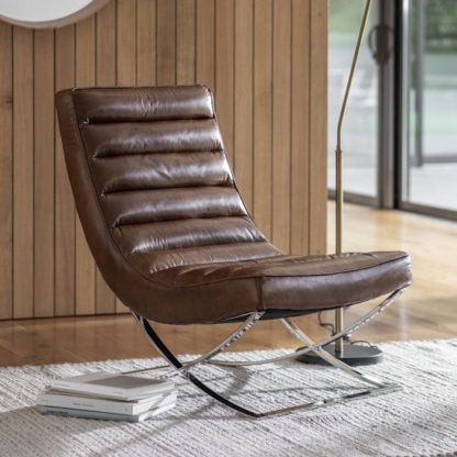 An Image of Kramer Leather Lounge Chair In Brown With Metal Frame