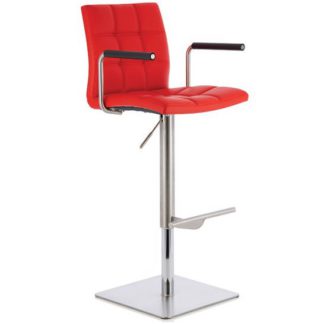 An Image of Deloris Bar Stool In Red Faux Leather And Stainless Steel Base