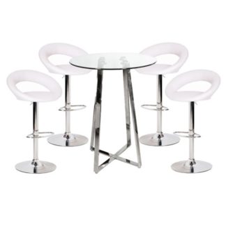 An Image of Poseur Glass Top Bar Table with 4 Leoni White Bar Stools