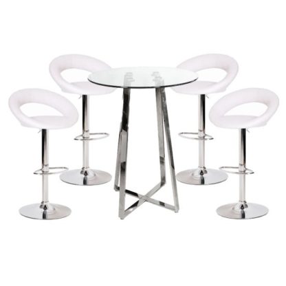 16941e40a6fedfc4b6f4c0c06bb63c13bcf8066ccbf38af7bfd50996e9a56e3c.jpg An Image of Poseur Glass Top Bar Table with 4 Leoni White Bar Stools