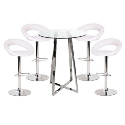 An Image of Poseur Glass Top Bar Table with 4 Leoni White Bar Stools