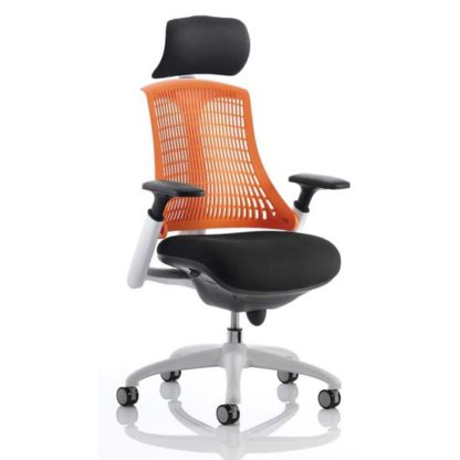182fe0d0a3c9f811c9fa0b4b7ce2a0ee4ce5ff09c3e5678eab716baa060a03ea.jpg An Image of Flex Task Headrest Office Chair In White Frame With Orange Back