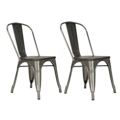 An Image of Fusion Antique Gun Metal Dining Chairs In Pair With Wood Seat