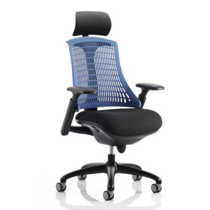 18b2b915a4b6e90f85d0739e229ed76ba06f524529809ab06a10f89f3bace6b4.jpg An Image of Flex Task Headrest Office Chair In Black Frame With Blue Back