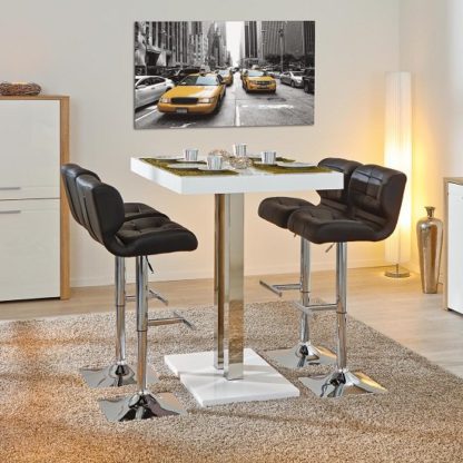 18d043f2e52e7109525db7bbf0225d68a0059aab5ca24dfad6d10b01bcb541cb.jpg An Image of Palzo Bar Table In White High Gloss With 4 Candid Black Stools