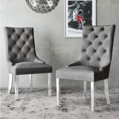 An Image of Donatello Silver Grey Velvet Fabric Dining Chairs In Pair