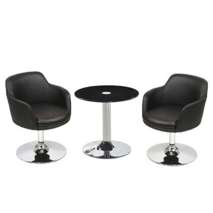 19c23fc5cef0ed3b76d64a638219e49fedceff98990625af01c52ef5d64f1ff8.jpg An Image of Belize Glass Bistro Table Set In Black With 2 Bucketeer Chairs