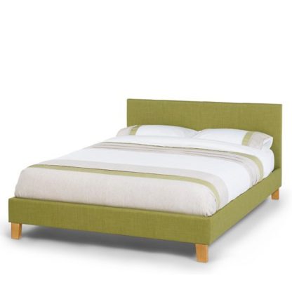 19f8af57e5746f07763104ed1f8fac2d17584936686d35f23d2d00bc4e580b28.jpg An Image of Livenza Contemporary Fabric King Bed In Olive With Wooden Legs