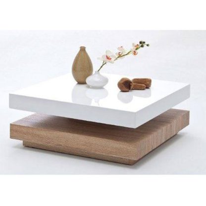 1a5fe0407c98fb547fefa94548896c8f403e3ee97ac118b6c76735dae6c6949b.jpg An Image of Hugo Square Coffee Table High Gloss White And Oak Base