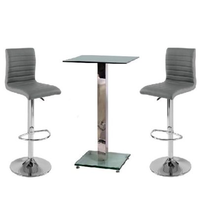 An Image of Spice Bar Table In Clear Glass With 2 Grey Ripple Bar Stools