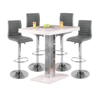 An Image of Palzo Bar Table In White High Gloss With 4 Ripple Grey Stools