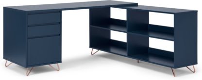 An Image of Elona Corner Desk with Open Sideboard, Dark Blue & Copper