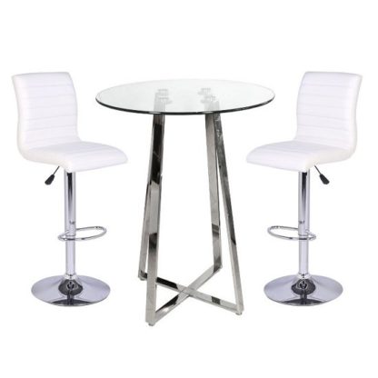 An Image of Poseur Bar Table In Clear Glass With 2 Ripple White Bar Stools