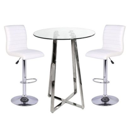 1ce0a0f6365df11798d3e011e9ffefd6d6280a2ba75ebd6090242dd49086f465.jpg An Image of Poseur Bar Table In Clear Glass With 2 Ripple White Bar Stools
