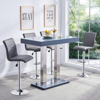 An Image of Caprice Glass Bar Table In Grey Gloss With 4 Ripple Stools