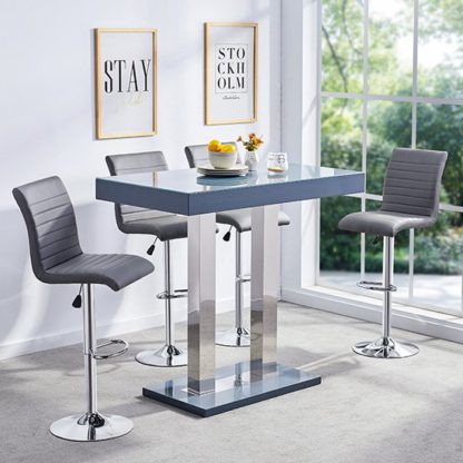 1d771ade5bf73dc2be45278afb24206cd99e7bb16203700ce6a4f0b408f4a292.jpg An Image of Caprice Glass Bar Table In Grey Gloss With 4 Ripple Stools