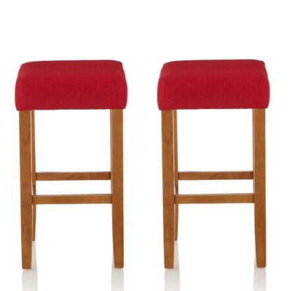 An Image of Newark Bar Stools In Red Fabric And Oak Legs In A Pair