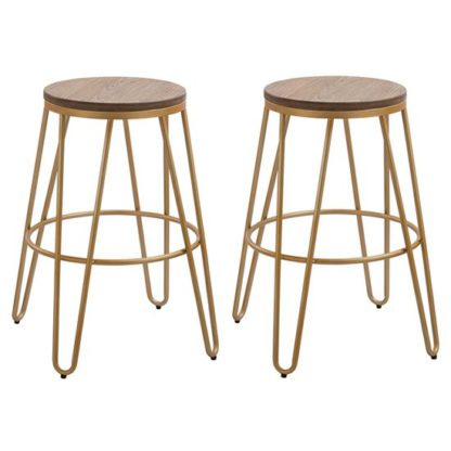 An Image of Ikon Gold Effect Hairpin Leg Bar Stool In Pair With Wooden Seat