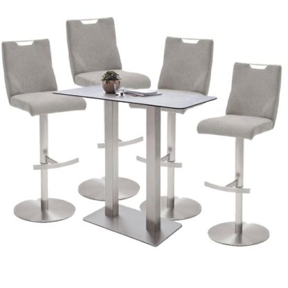 An Image of Soho Glass Bar Table With 4 Jiulia Ice Grey Fabric Stools