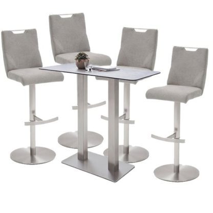 20928045f47c0fd5c33dc66a2986eb178d95ec8841a72a19e0a679355ddceb18.jpg An Image of Soho Glass Bar Table With 4 Jiulia Ice Grey Fabric Stools