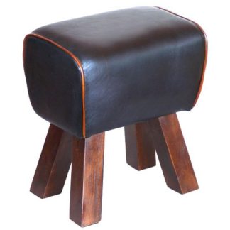 An Image of Lydia Stool In Black Leather Finish With Wooden Legs