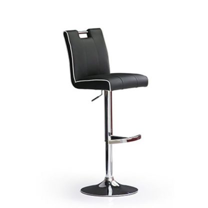 20b5c558473e211fa9bb3eaa53221cdf5c3cc02a8db6fb33098d730e28b56bd6.jpg An Image of Casta Black Bar Stool In Faux Leather With Round Chrome Base