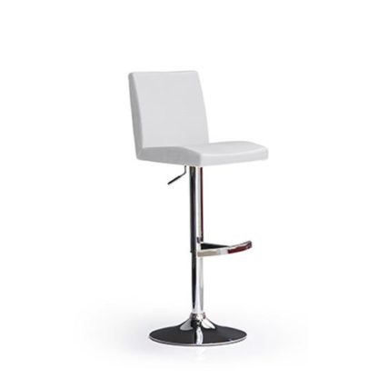 An Image of Lopes White Bar Stool In Faux Leather With Round Chrome Base