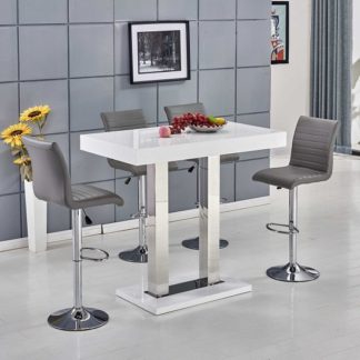 An Image of Caprice Bar Table In White Gloss With 4 Ripple Grey Bar Stools