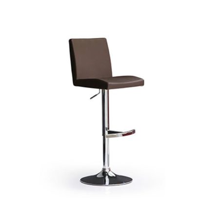 22867fcd95333ea29602f3b2339c9ca8c51da914bf305f7fd77483467a0370af.jpg An Image of Lopes Brown Bar Stool In Faux Leather With Round Chrome Base