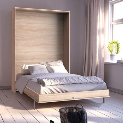 23140740548ef028f8fff1439609951026d763309ac4e072fd89380eb3f8f31b.jpg An Image of Juist Wooden Vertical Foldaway Double Bed In Planked Oak