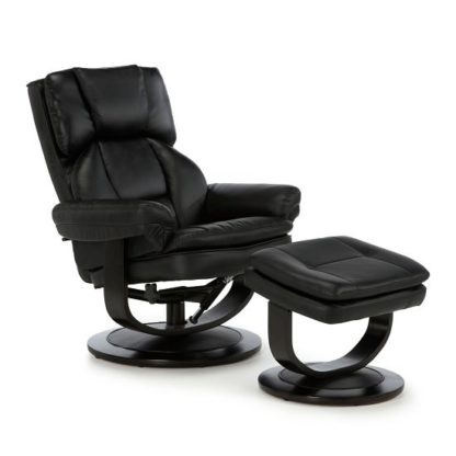 An Image of Cosimo Recliner Chair In Black Bonded Leather With Footstool