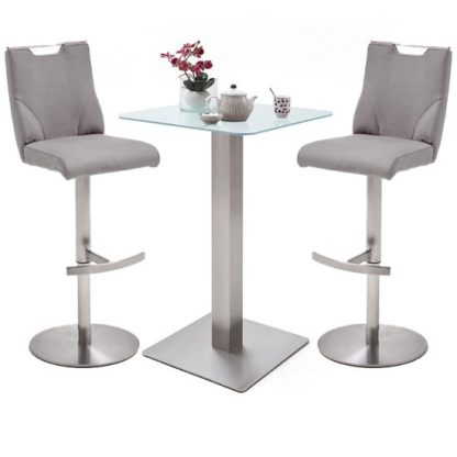 An Image of Soho White Glass Bar Table With 2 Jiulia Ice Grey Leather Stools