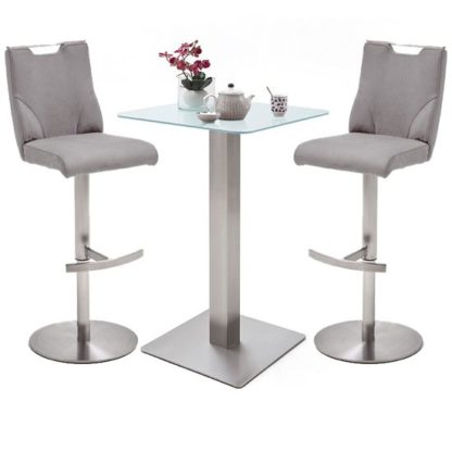 23bf4c9047270493fa910707a212c30ca10836d6321ad1b8680462c7aafa59c3.jpg An Image of Soho White Glass Bar Table With 2 Jiulia Ice Grey Leather Stools