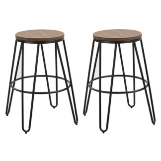 An Image of Ikon Black Metal Hairpin Leg Bar Stool In Pair With Wooden Seat