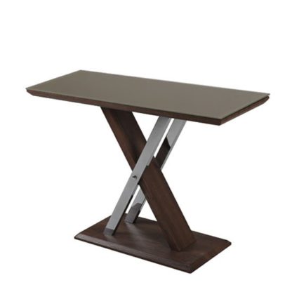 2438df21dae5c9ce49b2290889237a4823d2c635eafe63f01b5c2283ff2d073d.jpg An Image of Cubic Console Table In Beige Glass Top With Walnut Base