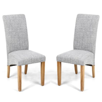 An Image of Karta Scroll Back Flax Effect Grey Weave Dining Chairs In Pair