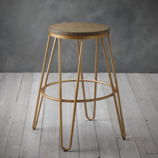 An Image of Ikon Gold Effect Hairpin Leg Bar Stool With Wooden Seat
