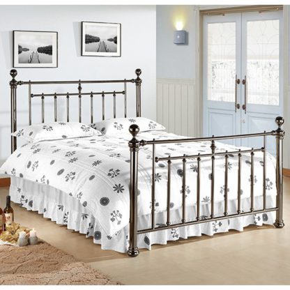 257b7cf3408ada5ec4343c8c4cc318f0e45a2f01249771a3a71087ec1aad2d11.jpg An Image of Alexander Black Metal King Size Bed With Nickel Finials
