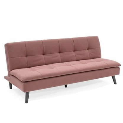 An Image of Castello Modern Fabric Sofa Bed In Coral Pink With Wooden Legs