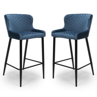 An Image of Malmo Blue Velvet Fabric Bar Stool In Pair With Metal Base