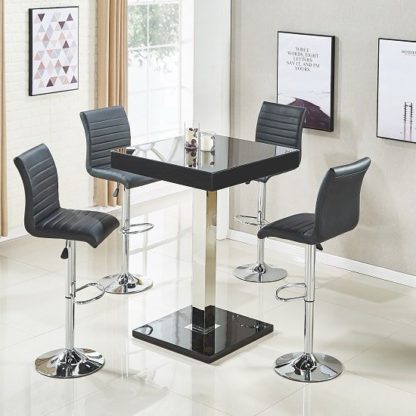 26b89348b48e1d46937924f84b00738f4a461a66a289f9dd9e48254b5d46107a.jpg An Image of Topaz Bar Table In Black Gloss With 4 Ripple Stools